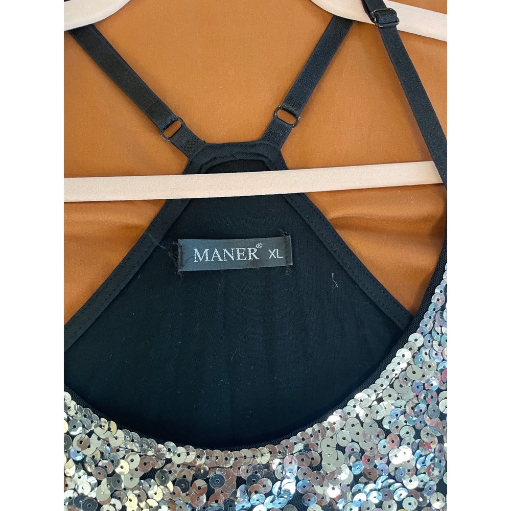 MANER Women's XL Sequin Tank Top‎ Silver Gold Black Ombre Adjustable Strap Party - Picture 5 of 9